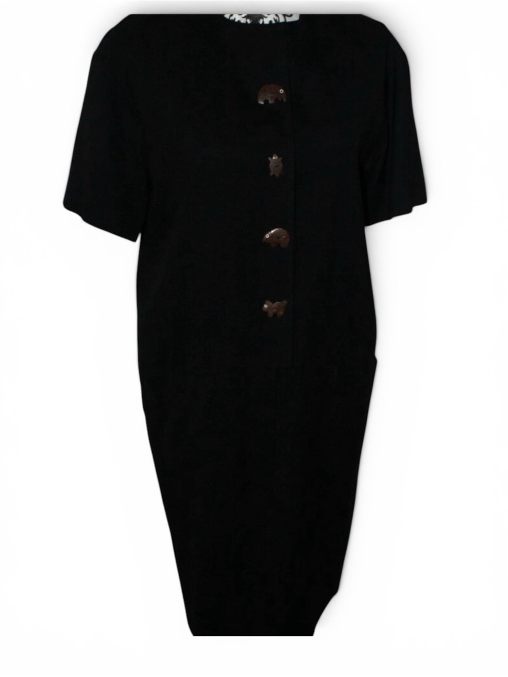 Evan-Picone Dress South Pacific BLACK Shell Animal Buttons Shift 8 VINTAGE